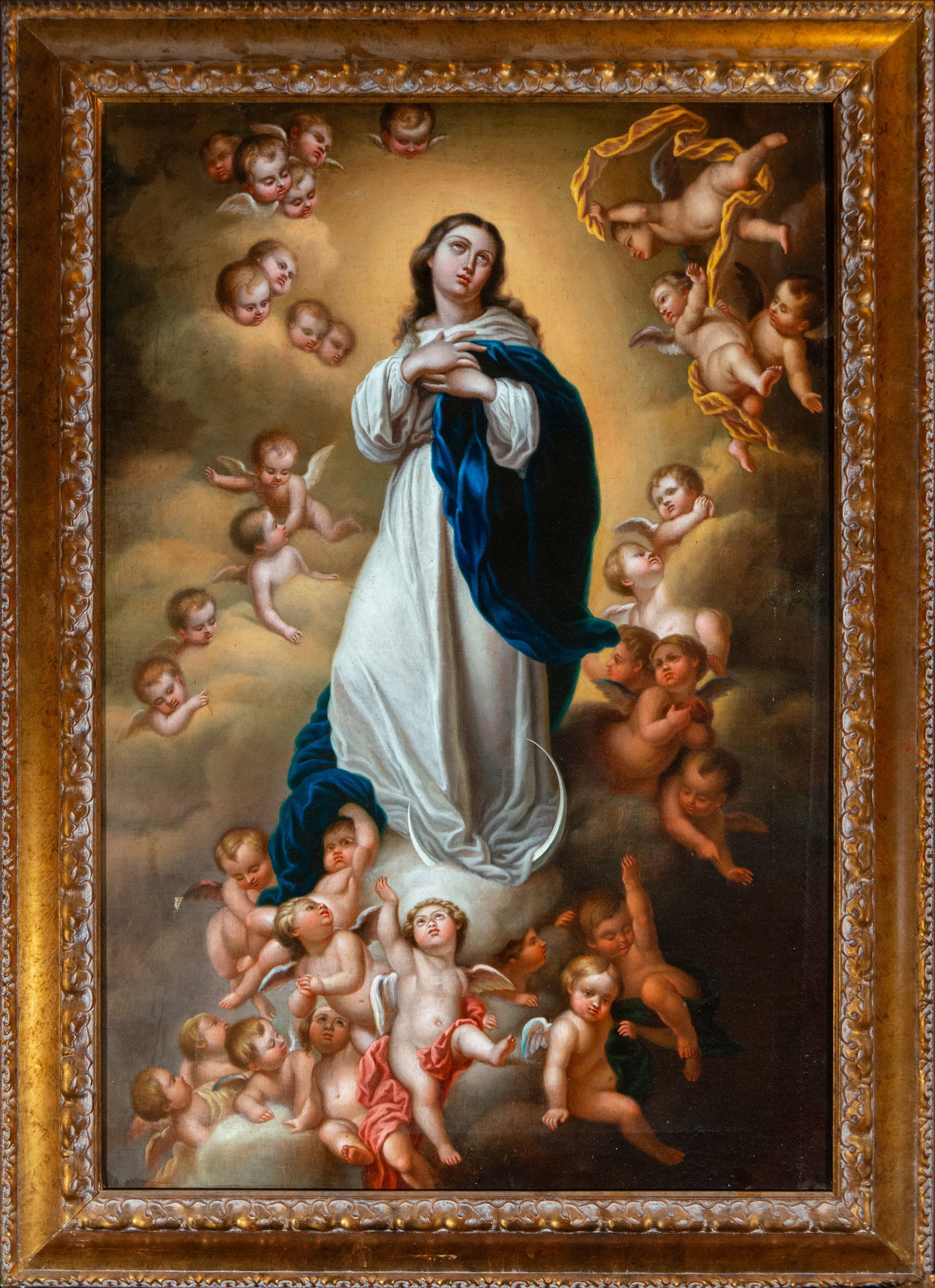 Large Italian Immaculate Conception from the late 18th century and early 19th century: Oil on canvas, 107 x 75 cm, framed measurements: 127 x 94 cm