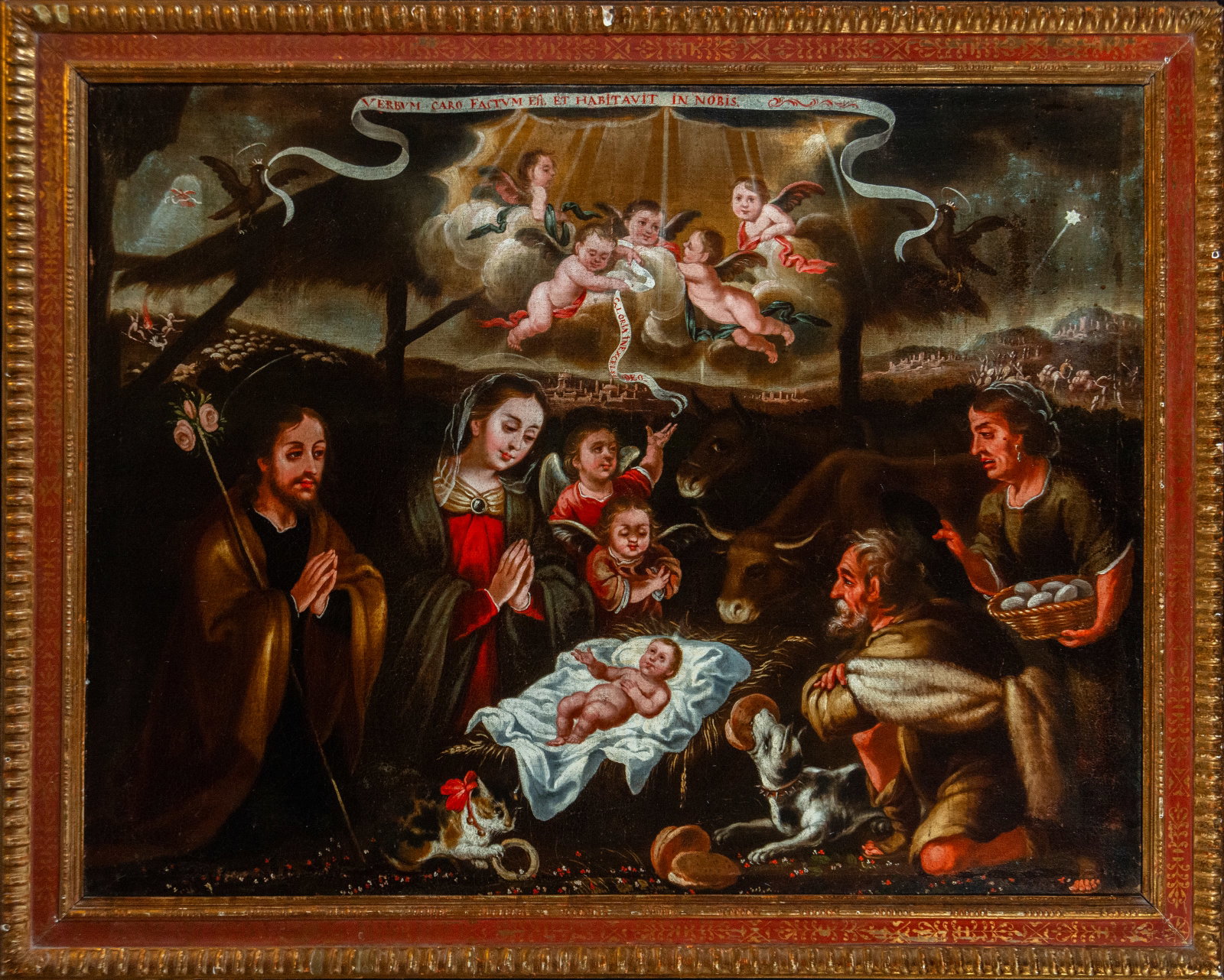 Nativity, 17th century colonial school: Oil on canvas, 125 x 75 cm, framed measurements: 135 x 82 cm