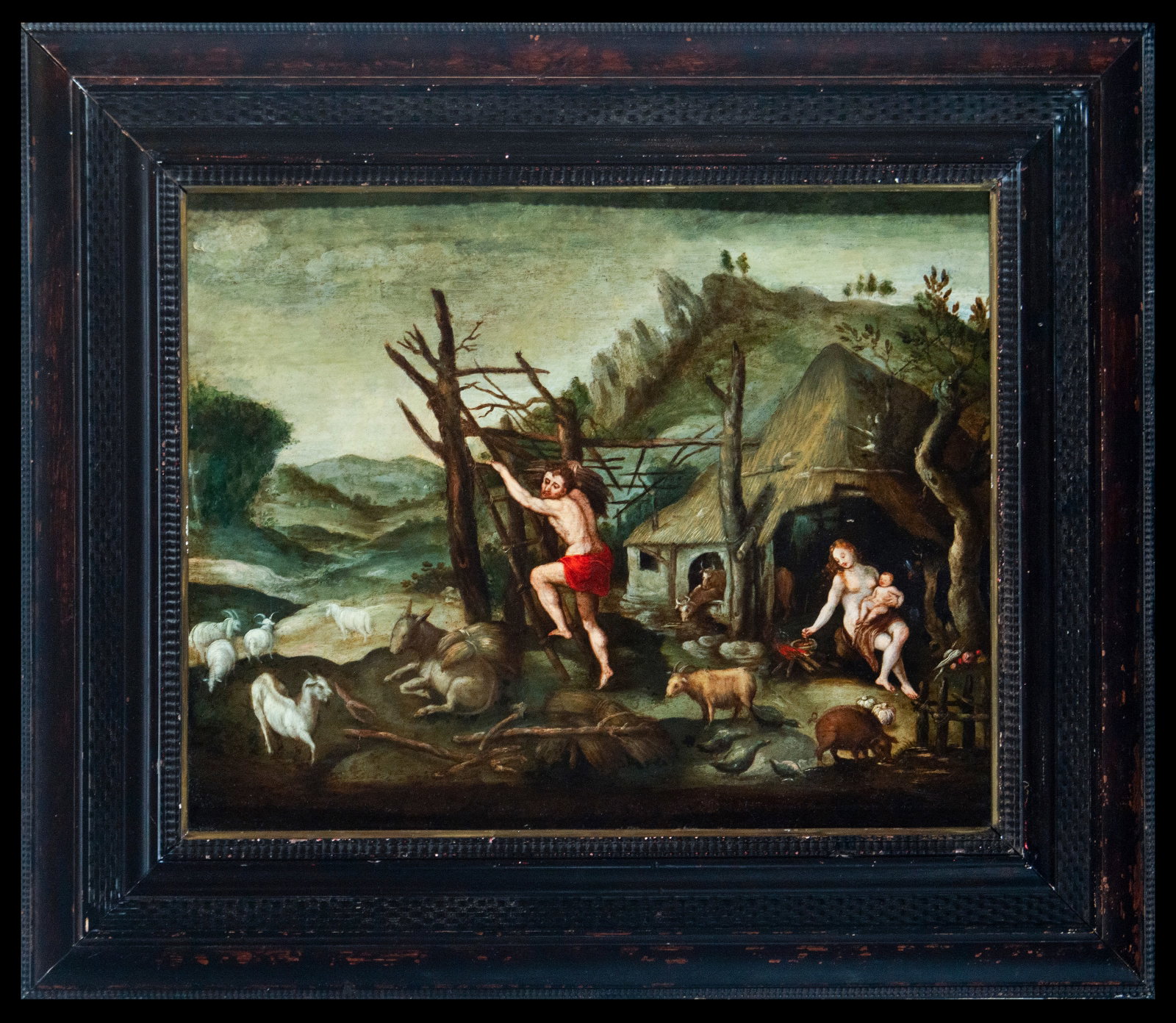 The Garden of Eden, Flemish Early Master, late 16th century, oil on canvas, 82 x 69 cm: A vivid depiction of the Garden of Eden, where Adam appears to be moving among the fauna, while the Virgin and Child watch from the hut. The play of light and shadow adds dynamism to the scene, evokin