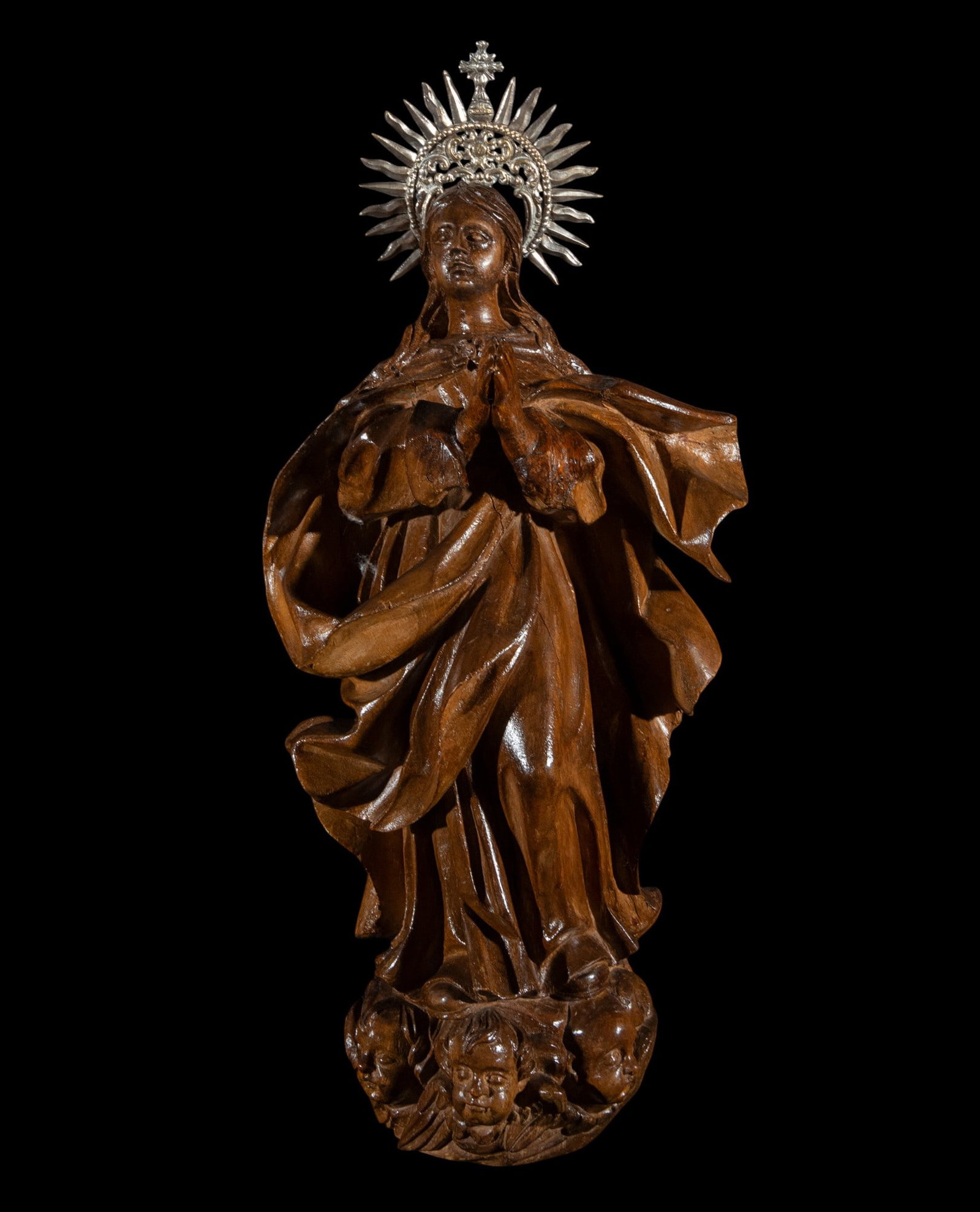 Large Virgin Mary in German wood from the 18th century, with an important silver crown, 57 x 35 x 23 (1 of 5)