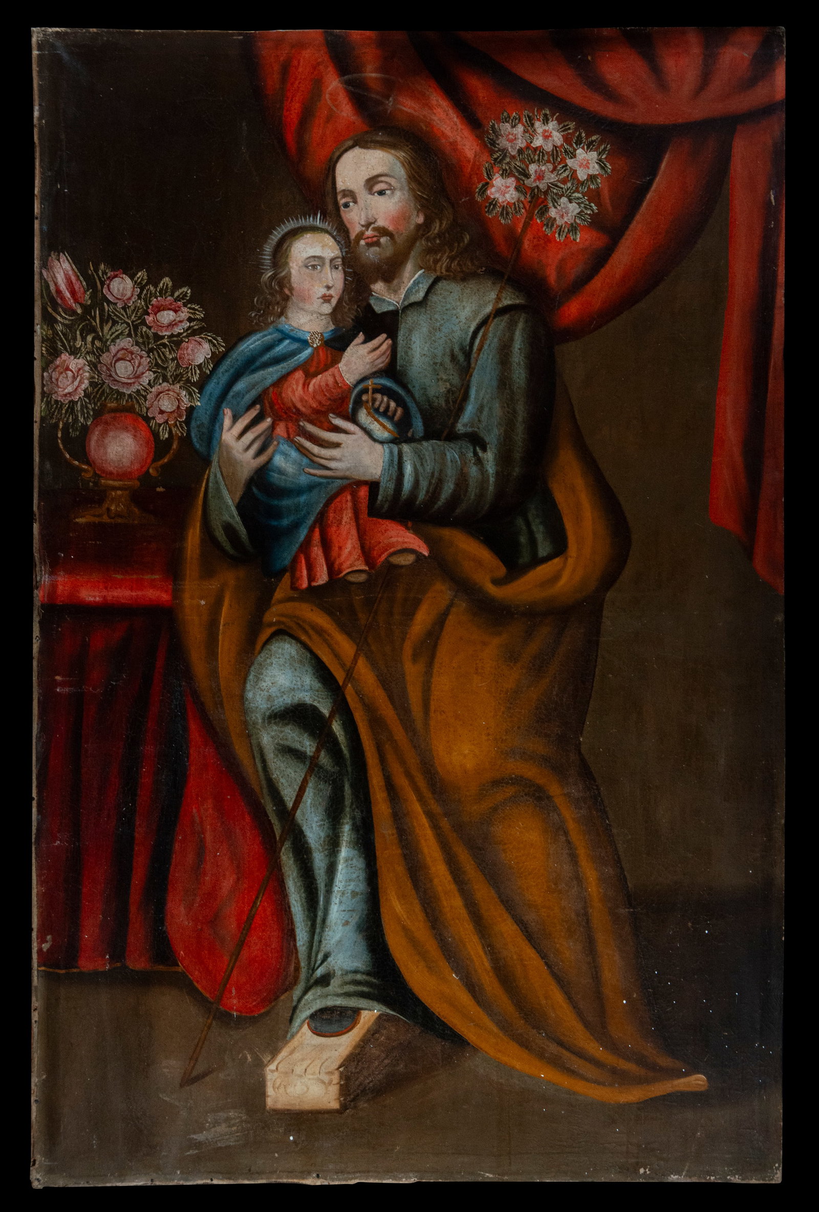 Colonial school - Saint Joseph with the Child Jesus - 17th century: Oil on canvas, total measurements: 165 x 107 cm. This 17th-century Italian school painting features Saint Joseph holding the Baby Jesus. The technique used is oil on canvas, with a baroque style chara