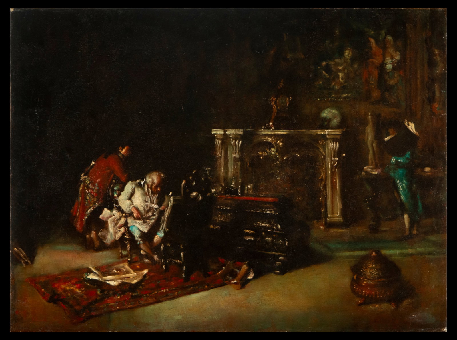 French School - Interior Scene with Figures - 18th Century: Oil on canvas, total measurements: 104 x 77 This work from the 18th century French school represents an interior scene with several figures. The technique is oil on canvas, with masterful use of light