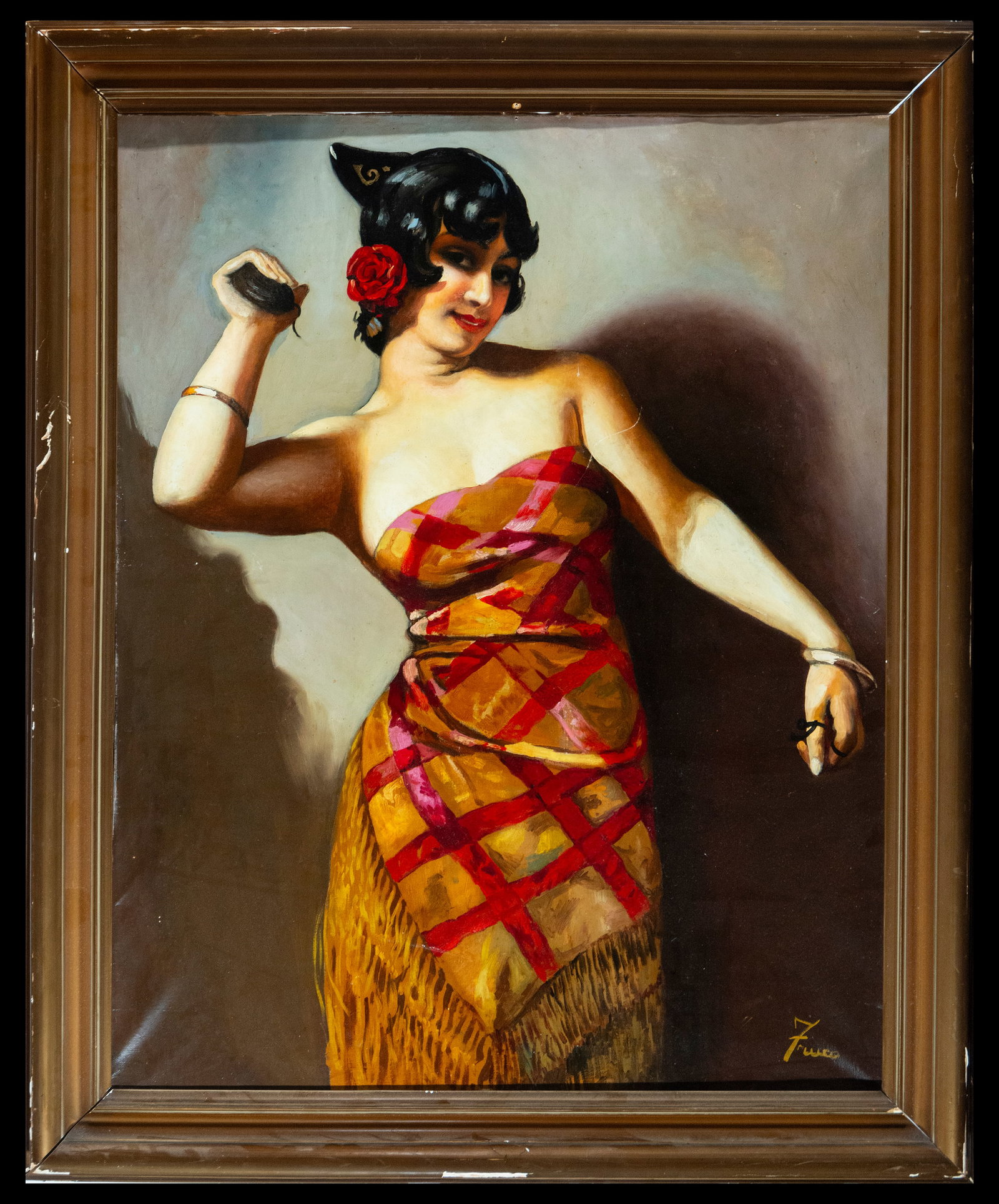 Spanish School - Dancer - 20th Century: Oil on canvas, total measurements: 101 x 80 cm It presents a vibrant flamenco dancer in full movement. The technique used is oil on canvas, with a rich color palette that highlights the energy and pas