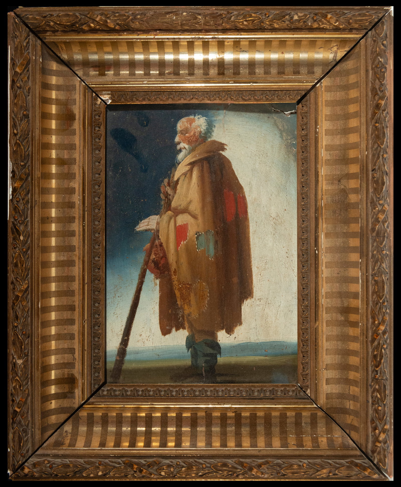German School - Portrait of a Beggar - 18th century, on panel: Oil on panel from the 17th century. 27 x 23 cm. The oil on canvas technique allows you to capture the wrinkles and pensive expression of the subject, while the finely detailed gilt frame complements t