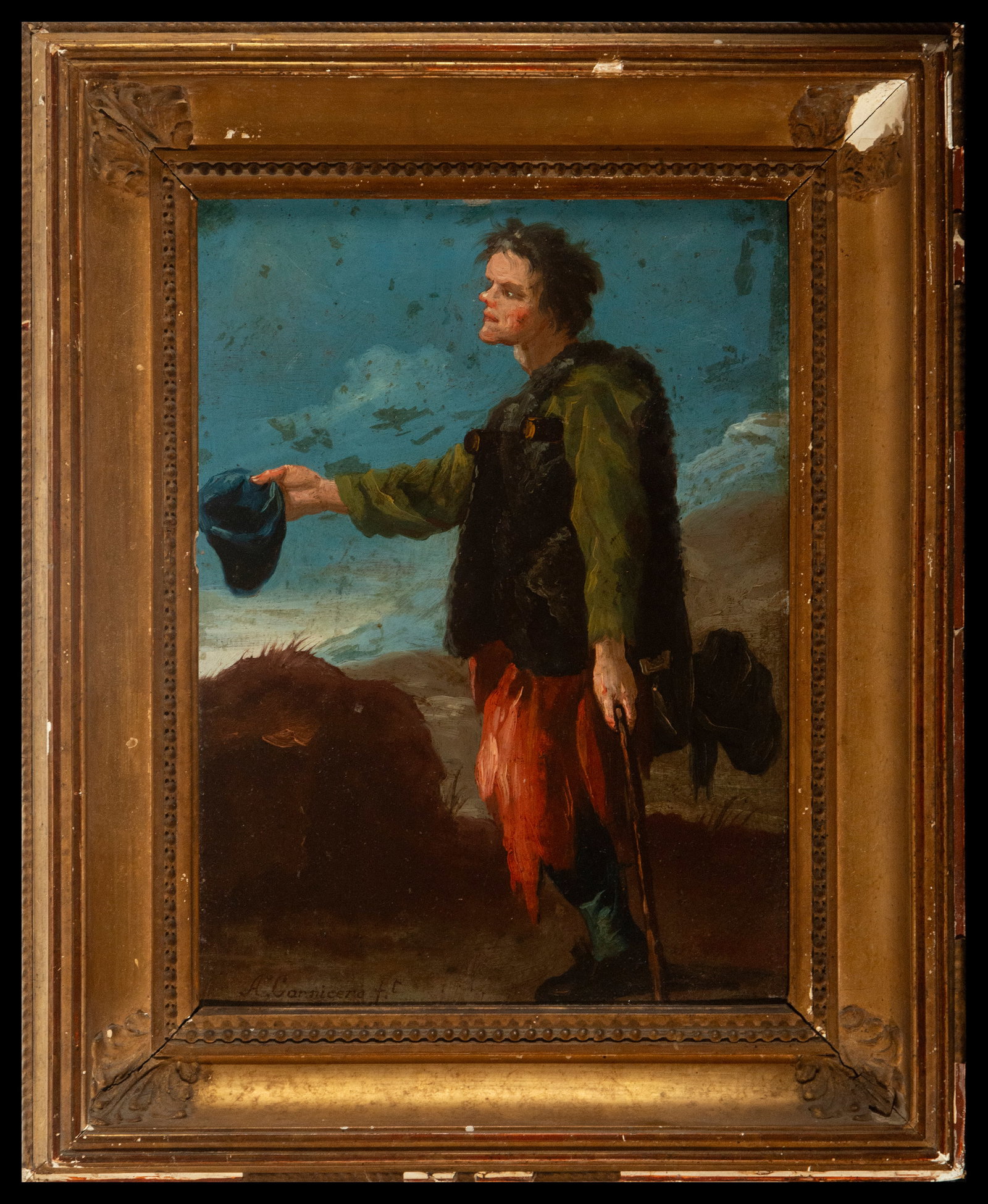 Spanish school by Antonio Carnicero, signed - Portrait of a Beggar - 18th century: Oil on metal, total measurements: 45 x 36 cm. Oil on metal is the technique used, with an expressive use of earthy colors that enhance the simplicity and honesty of the character. The sober frame high