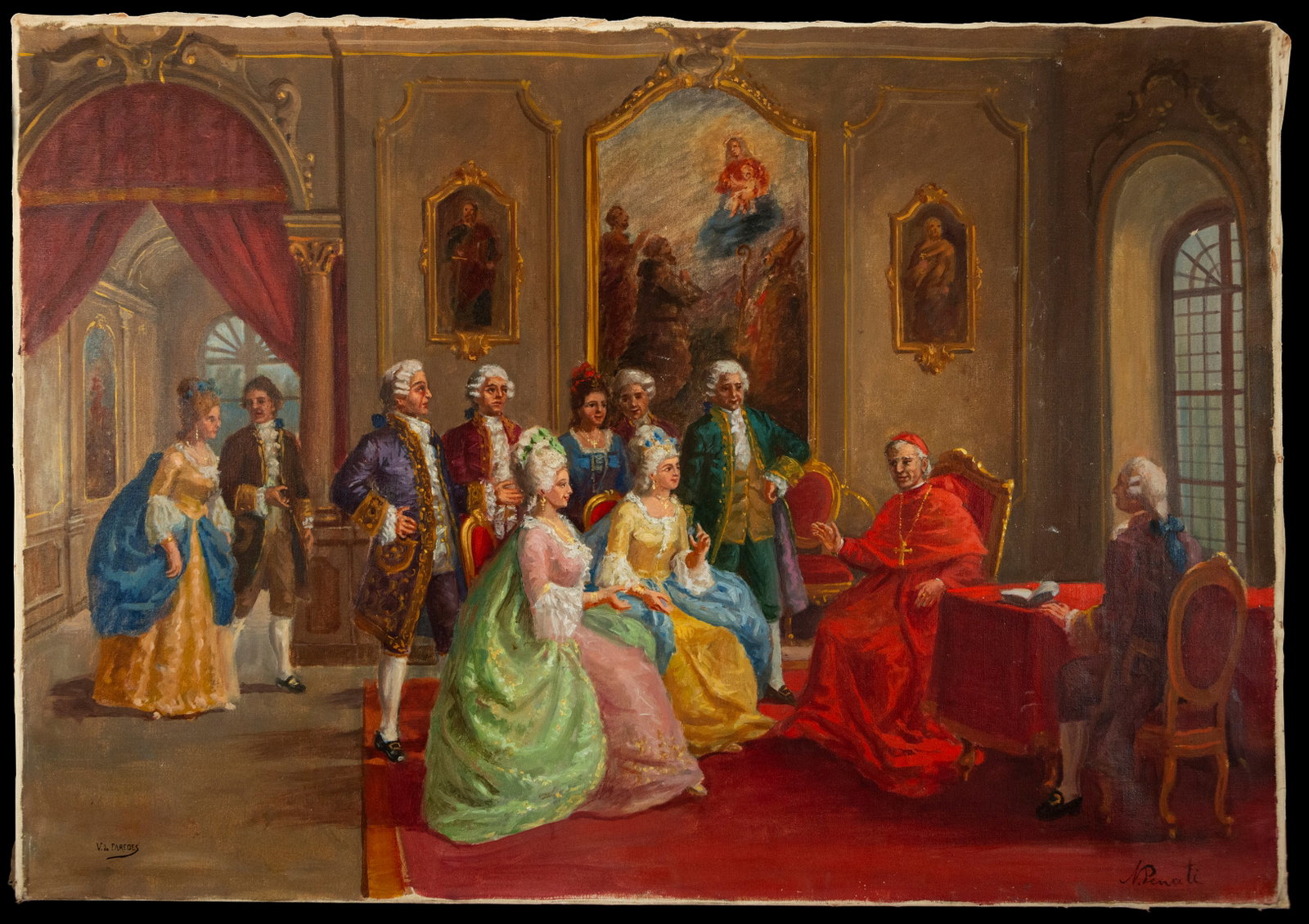 Italian Romanticist School of the 19th century, signed Penati - Noble Customs Scene in Palace: Canvas measurements: 90 x 70 cm