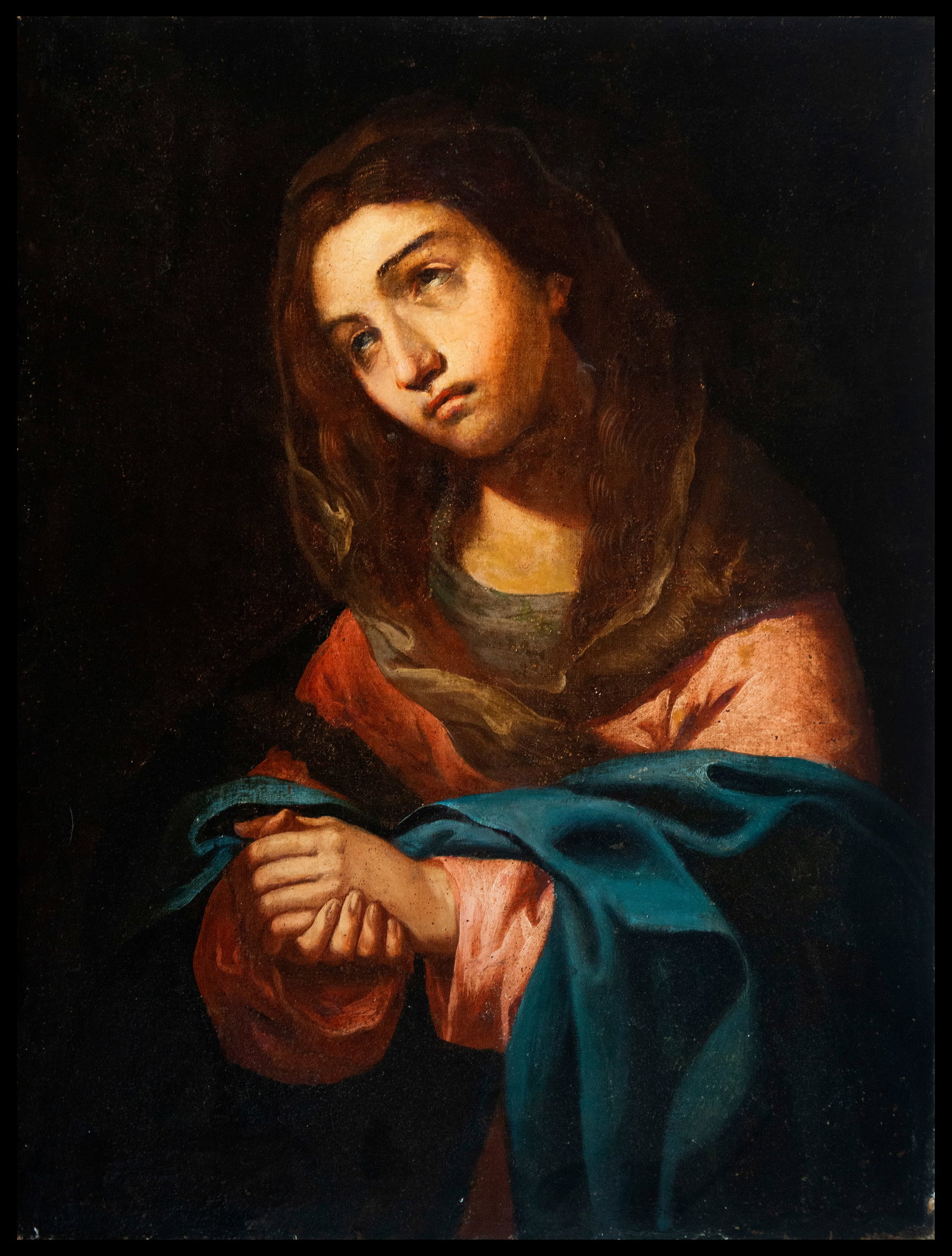 María Orante - Old Sevillian School of the 17th century: Requires cleaning and restoration, no frame attached, measurements: 80 x 60 cm. Provenance: private collection, Madrid.