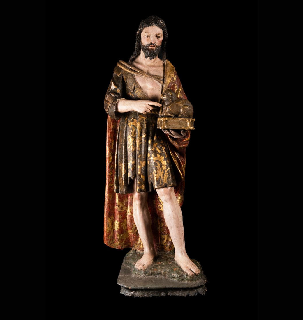 Polychrome wood carving of Saint John the Baptist, Mexico, Novohispanic colonial school of the 17th: In wood, with polychromy and gold of origin. Measures 87 x 35 x 26 cm