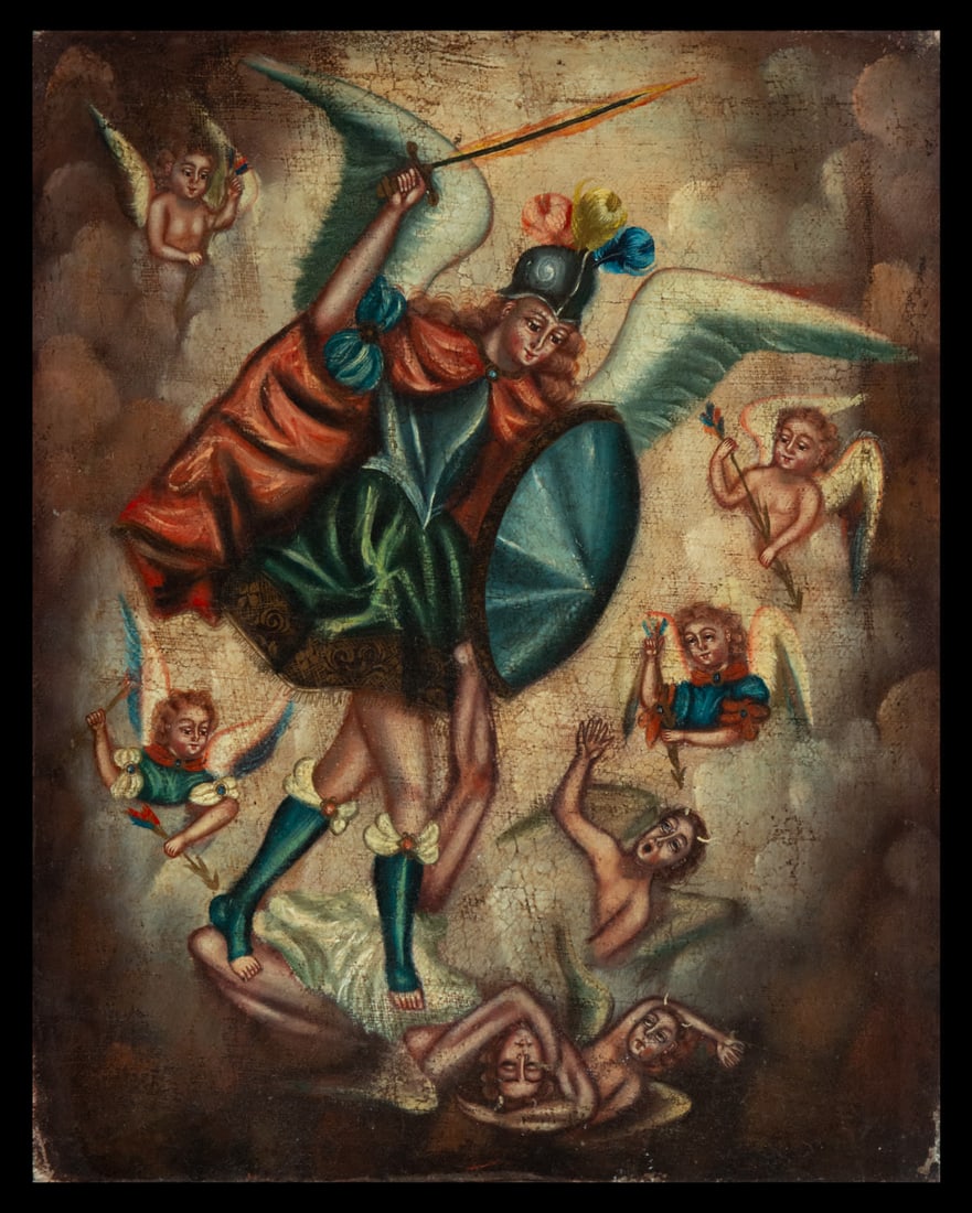 Arcángel San Miguel, Bolivia, 19th century Latin American school: Oil on canvas, painting measurements: 50 x 40 cm