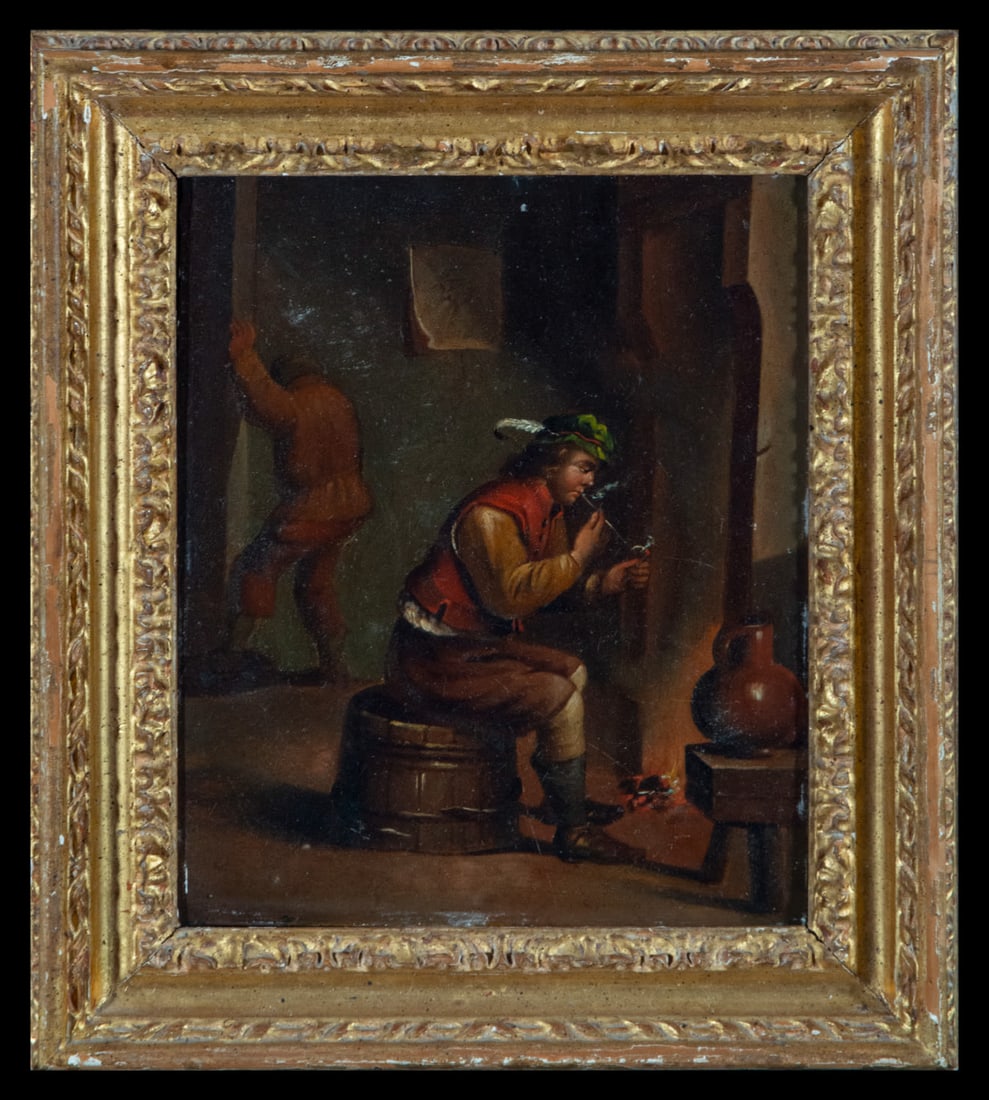 Flemish Copper "The Smoker", 17th - 18th century: Oil on copper: 21 x 17 cm, framed measurements: 28 x 24 cm