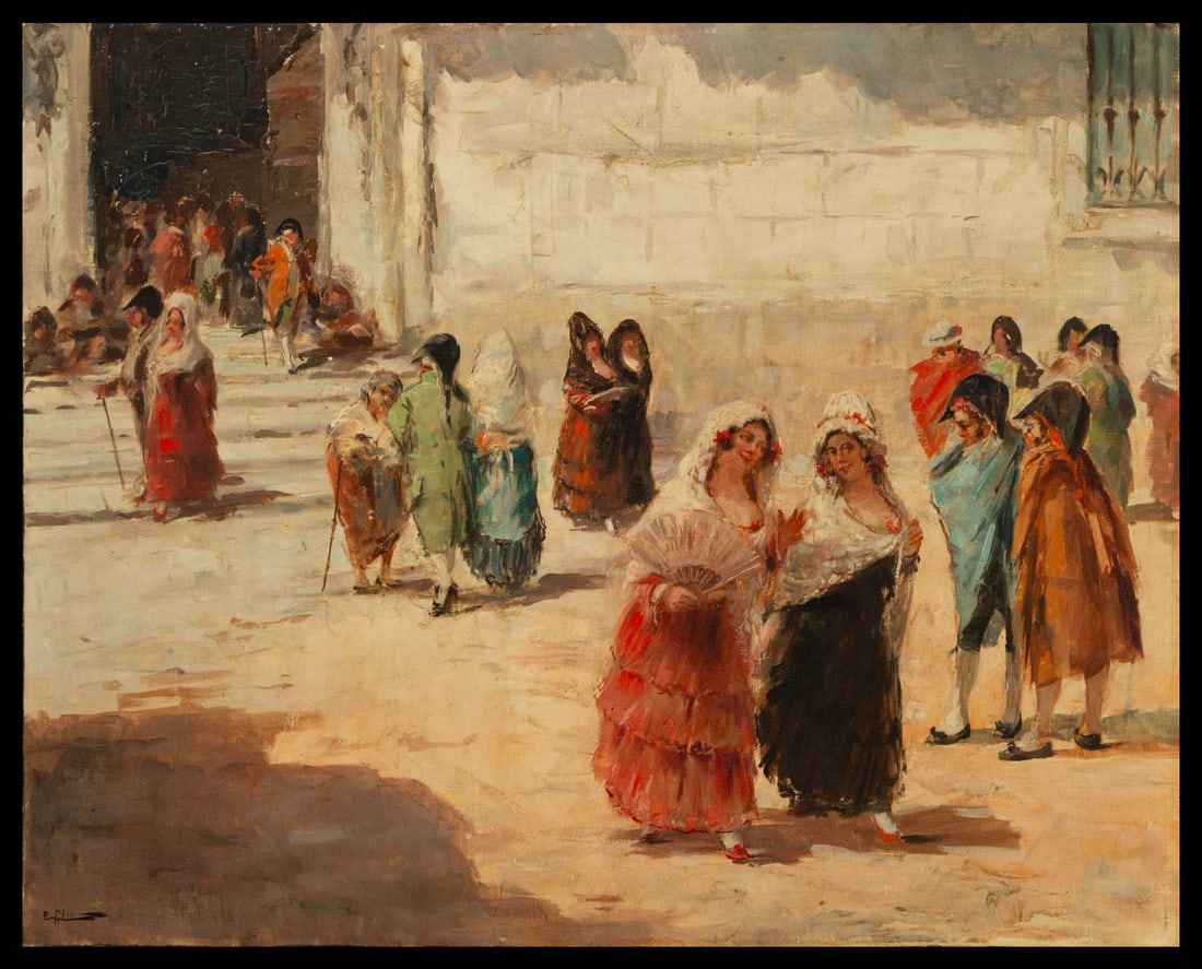 Emilio ?lvarez Ayllón (Valencia, 1889-1972) "The Departure of the Church", Valencian impressionist: Oil on canvas measuring 100 x 60 cm. Provenance: private collection, Barcelona. Lot without reserve