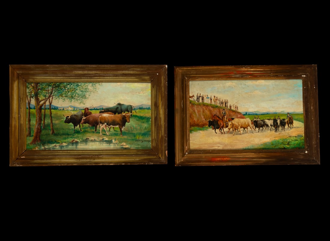 Pair of paintings with bullfighting scenes from the Aragonese school of the 19th - 20th century,: Measurements 80 x 60 cm each