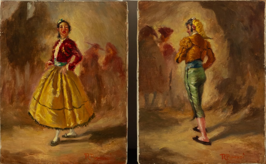 Pair of Goyesque Parsonnages, signed R. Ressendi, 20th century Spanish school: Pair of oil paintings on canvas. They do not include a frame, measurements: 36 x 28 cm each.