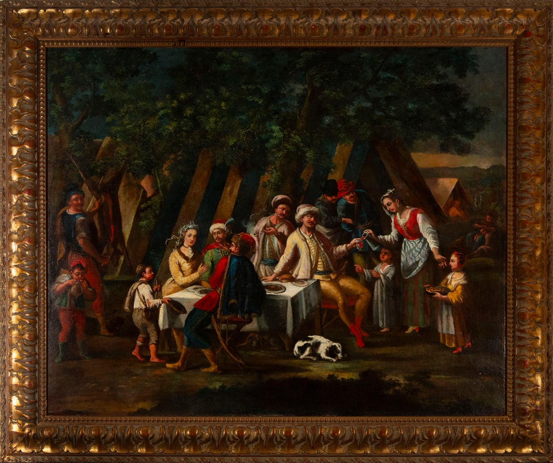 El Banquete, 17th century Flemish school: Oil on canvas. Canvas measurements: 114 x 72 cm, framed measurements: 132 x 88 cm