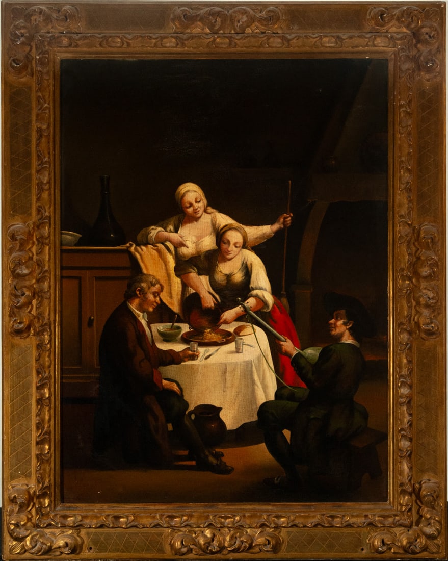 Interior of Flamenco Tavern, following Flanders Baroque models, 19th century: Oil on canvas. Canvas measurements: 80 x 60 cm, framed measurements: 95 x 79 cm
