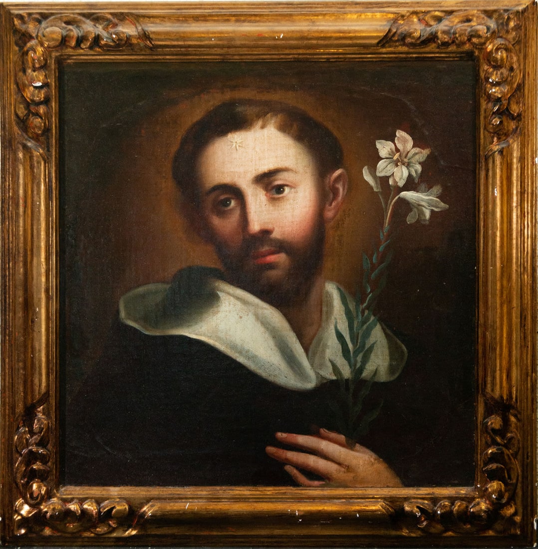 Important Saint Dominic of Guzman, Spanish Colonial School, New Spain, Mexico, late 17th Century: Oil on canvas, framed measurements: 61 x 60, canvas measurements: 49 x 48 cm