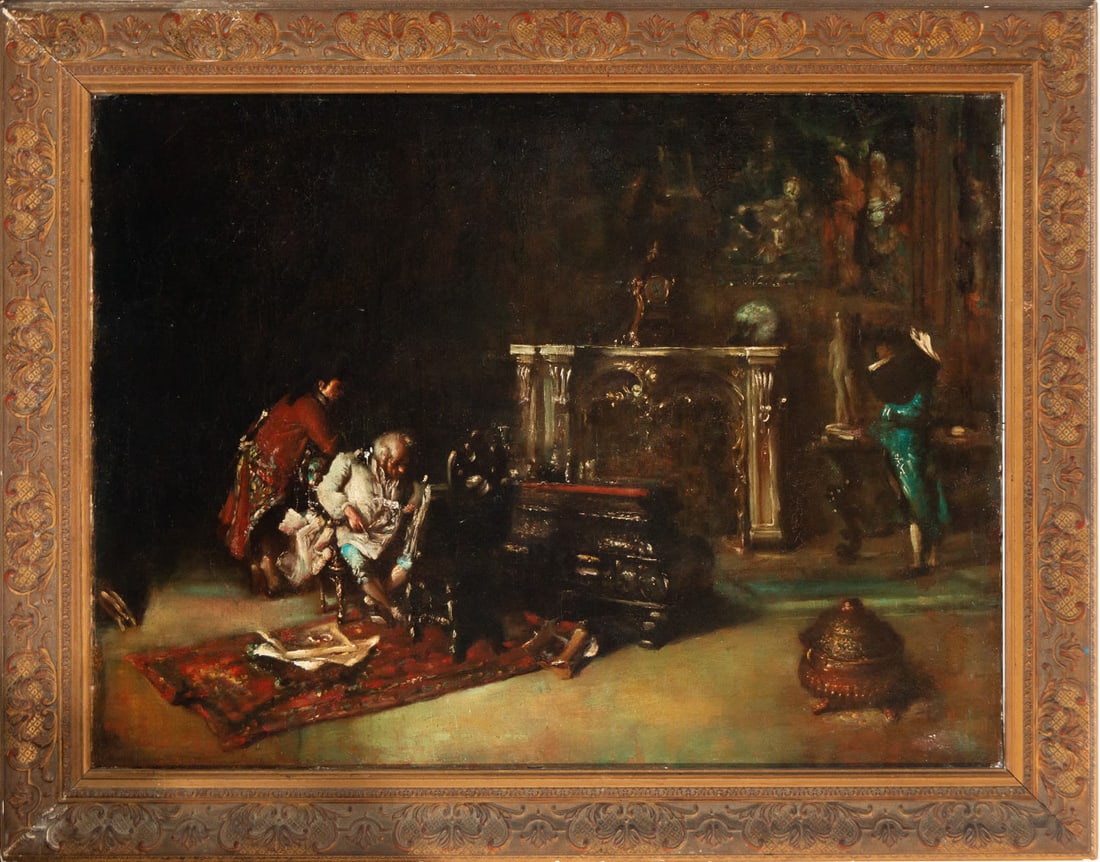 Costumbrist Scene in Palace Interior, 19th century Spanish school, signed Ferrandi: Oil on canvas, framed measurements: 125 x 98 cm, canvas measurements: 104 x 77 cm