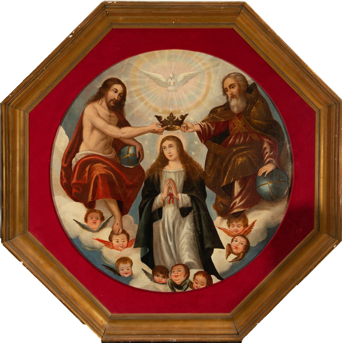 Large Coronation of the Virgin, Novohispanic school of the 18th century: Oil on canvas, framed measurements: 126 x 127 cm, canvas measurements: 99 x 98 cm