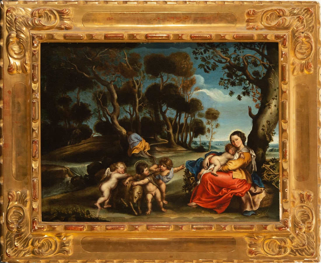 Important Rest on the Flight into Egypt, Sevillian school of Alonso Miguel de Tovar or possibly: Oil on canvas, canvas measures: 68 x 51, framed measures: 91 x 74 cm