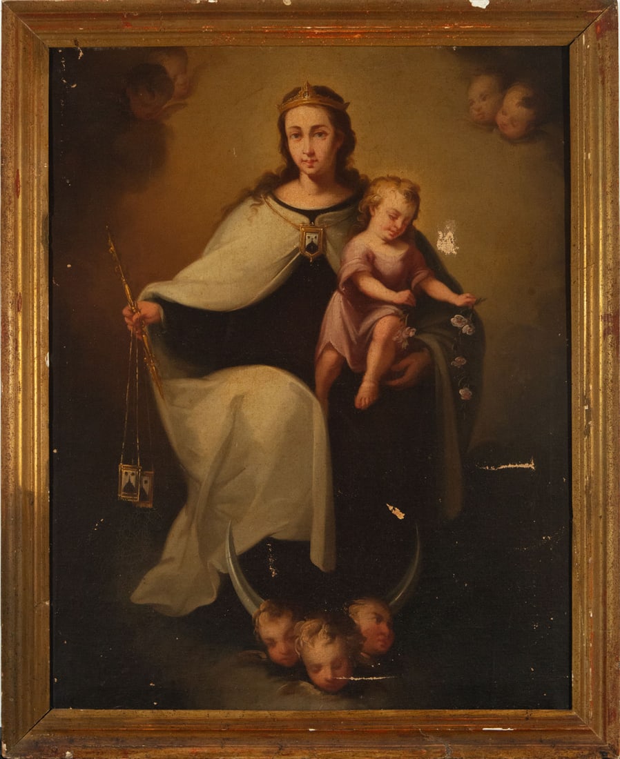 Virgin del Carmo with Child in her arms, Seville school by José Gutiérrez de la Vega, 18th century: Oil on canvas, canvas measures: 73 x 59, framed measures: 81 x 65 cm