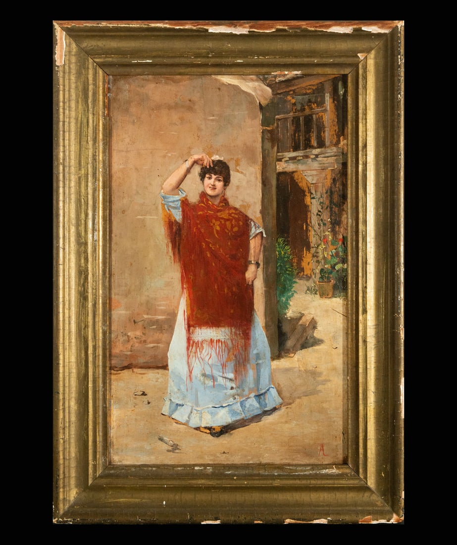 Lady with Mantilla, Spanish or German costumbrist school of the 19th century: Signed AL with anagram. Oil on board, measures: 39 x 24, framed measures: 48 x 34 cm