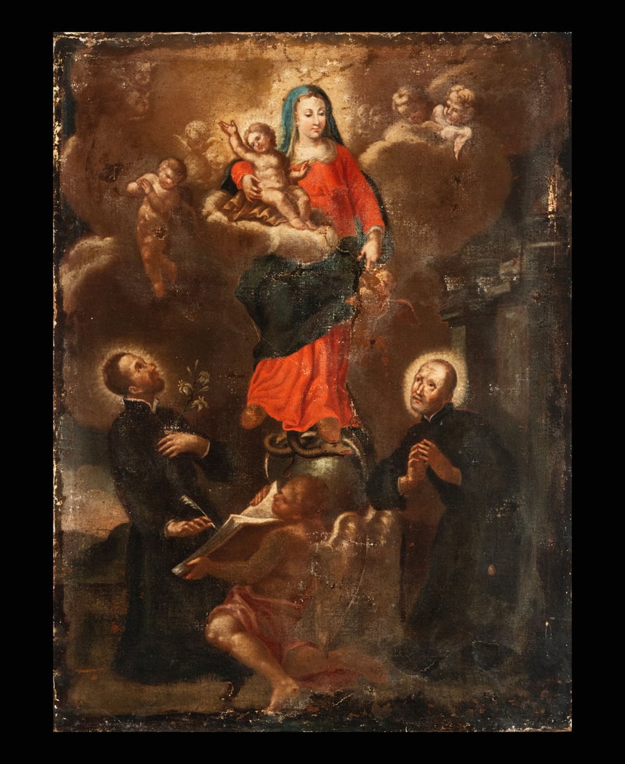 Immaculate Virgin with Donors, 17th century New Spanish colonial school: Oil on canvas, canvas measures: 83 x 62, framed measures: 101 x 77 cm