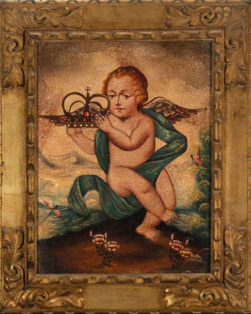 Colonial school, Cuzco, 18th - 19th centuries, Enfant Jesus: Oil on canvas, canvas measures: 40 x 29, framed measures: 52 x 42 cm