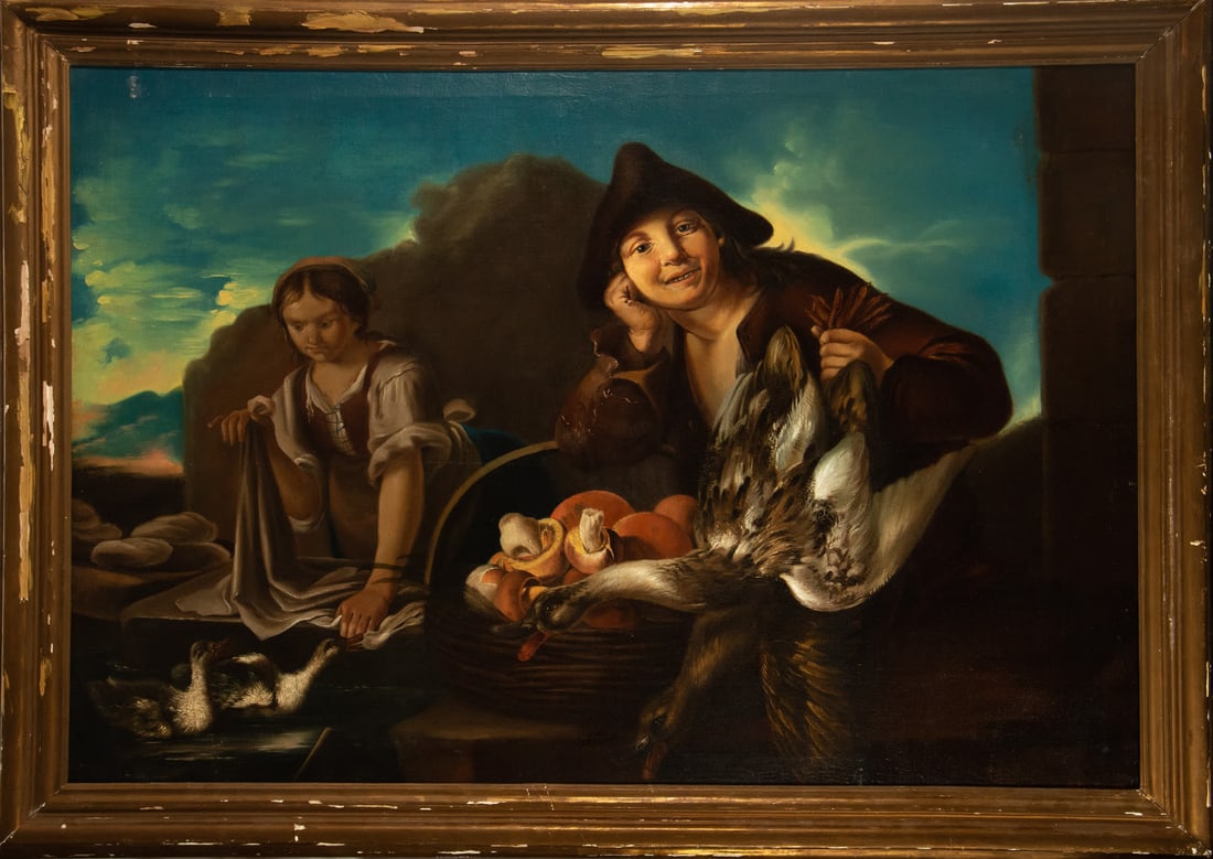 Peasant Couple with Still Life, 19th century Belgian school: Signed and dated 1870, canvas measures: 119 x 83, framed measures: 135 x 99 cm