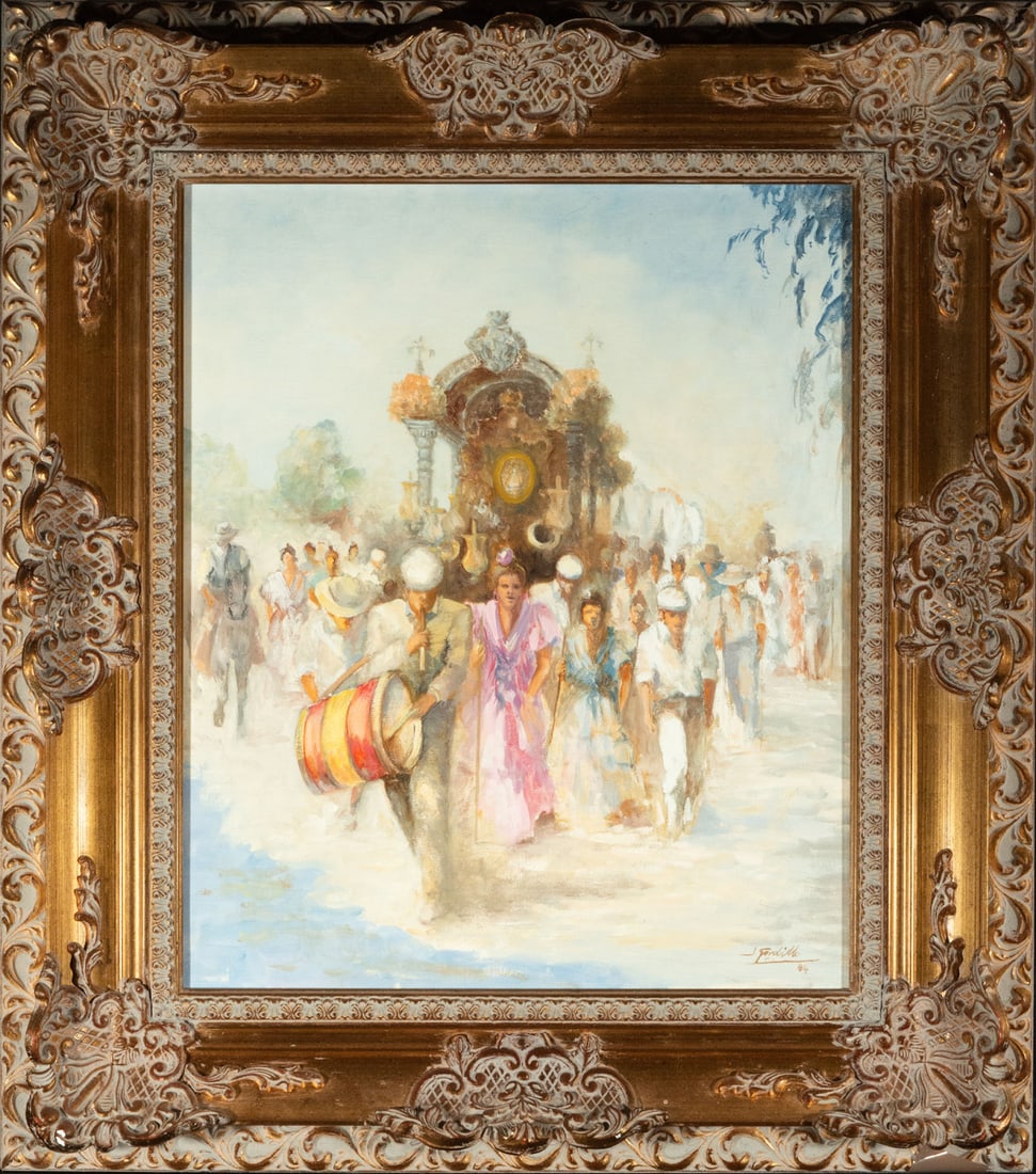 Procession to El Rocio, signed J. Gordillo: Oil on canvas, measures: 55 x 47 cm, 79 x 69 cm framed