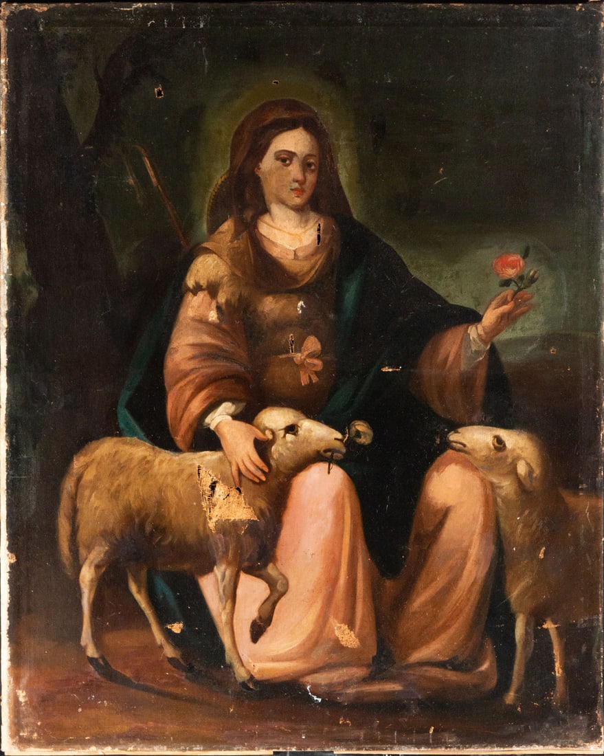 Divine Shepherdess, Sevillian school from the 18th - 19th century: Oil on canvas, measures: 105 x 84 cm