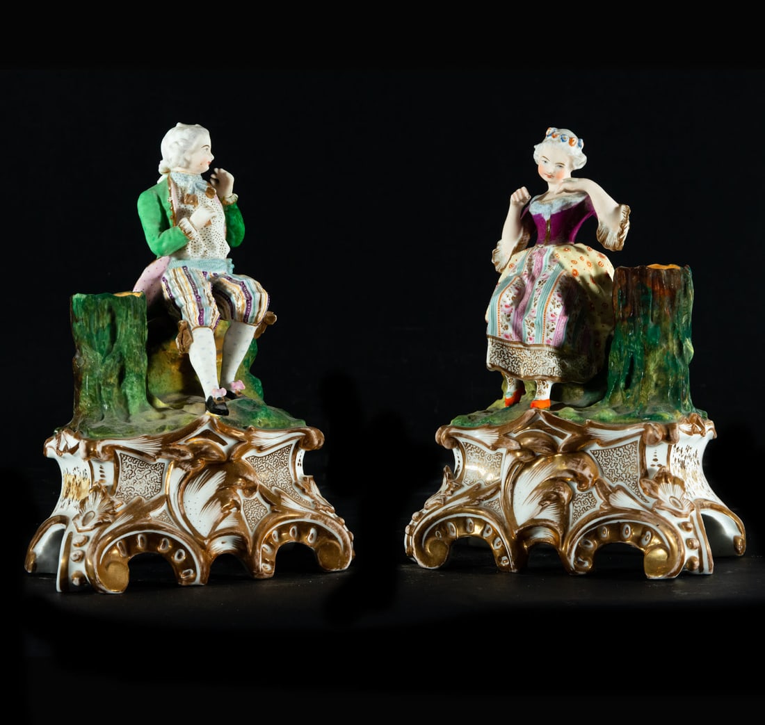 Pair of Lady and Gentleman Figures in German Biscuit Porcelain, 19th century: Measurements: 25 x 18 x 12 cm