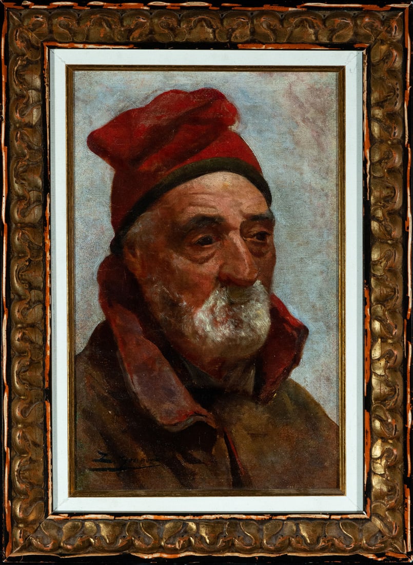 Peasant with Barretina, Lluis Graner Arrufí (1863-1929), 19th century Spanish school: Oil on canvas, measures: 44 x 28 cm, 38 x 42 cm framed