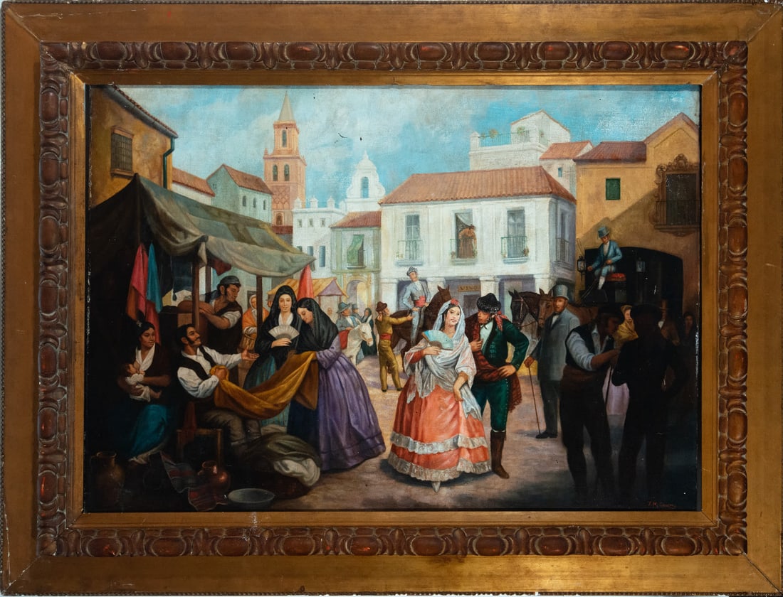 Market in the Plaza Mayor, José María Escacena y Daza (1800–1858), 19th century Spanish school: Oil on canvas, signed in the lower right corner. Canvas measures: 105 x 75, framed measures: 135 x 102 cm