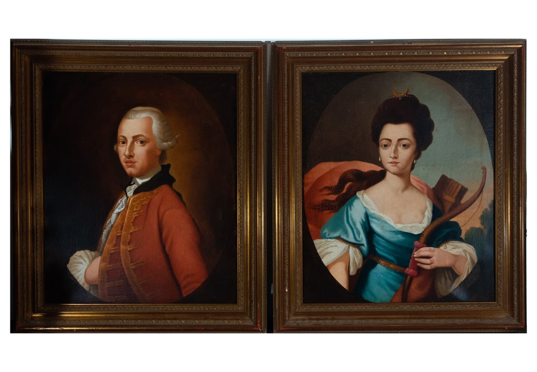 Pair of Portraits of Louis XVI and Marie Antoinette represented as Diana the Huntress, 19th century: Pair of oil paintings on canvas, canvas measurements: 72 x 60, framed measurements: 90 x 78 cm