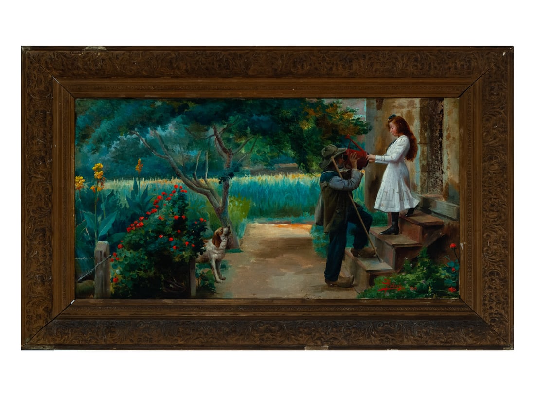 Boys in the Garden, Asterio Miñanos (Palencia, October 21, 1861-?Madrid, c. 1935), Spanish school: Canvas measures: 74 x 39, framed measures: 92 x 57 cm. Asterio Mañanós began his training at the Municipal School of Palencia, where he had Justo María de Velasco as a teacher, and later passed the