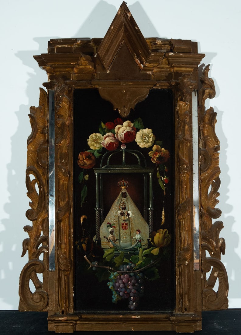 Virgen de la Merced in Orla de Flores on table, Spanish school of the 19th century: Measures: 66 x 30, framed measures 97 x 60 cm