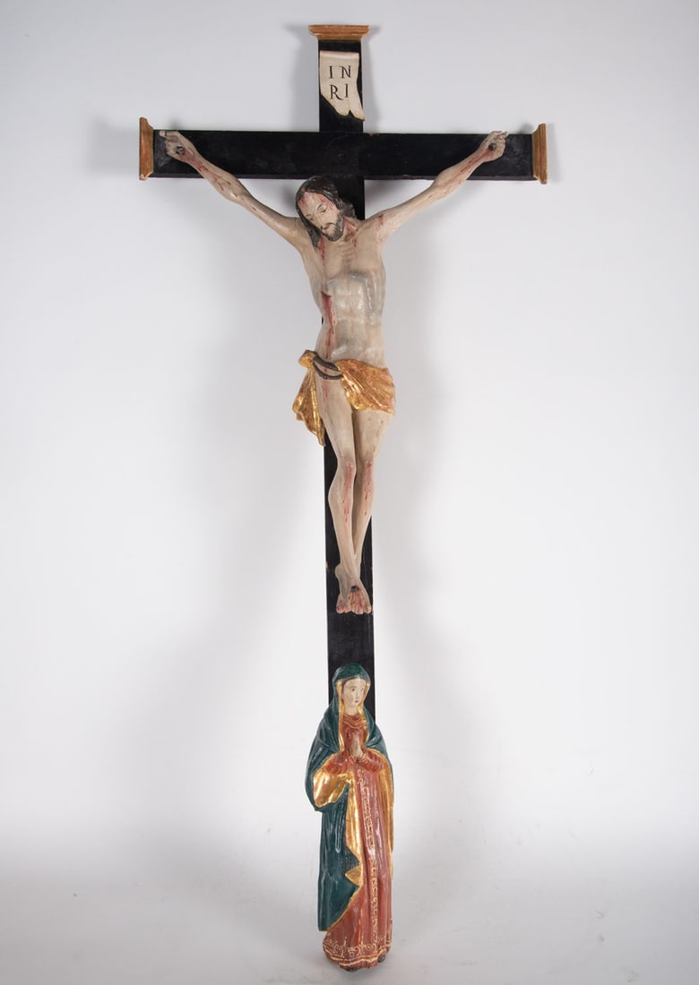 Austro Hungarian Christ on Calvary in polychrome wood, 18th century:  Measures Christ: 45 x 38, Virgin: 29 x 10, measures with crucifix: 100 x 45 x 14 cm
