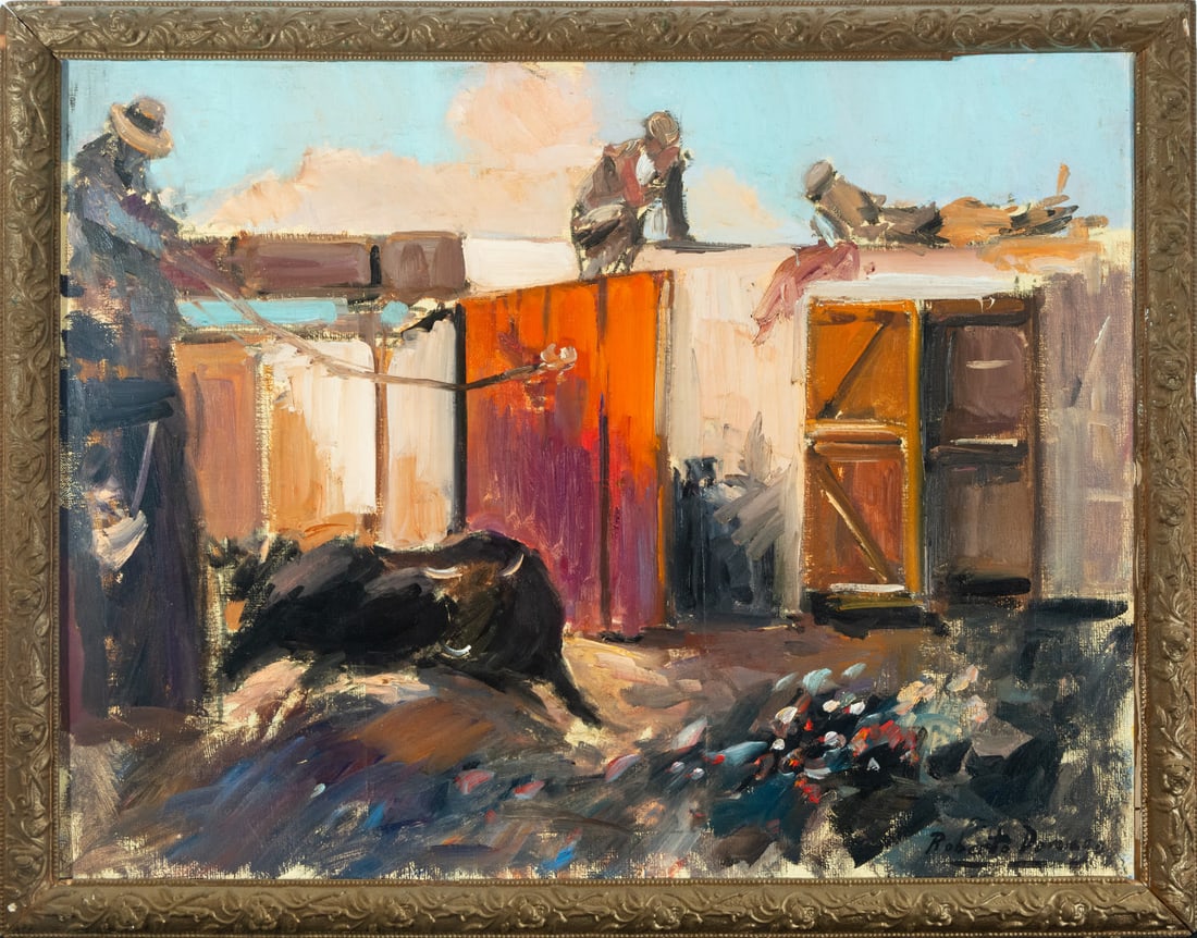 Brave bull, Roberto Domingo Fallola (Paris, 1883-Madrid, 1956), 19th-century Spanish school: Oil on canvas, canvas measures: 66 x 50, framed measures: 71 x 55 cm. Paris, 1883-Madrid, 1956. Spanish costumbrista painter, who specialized in bullfighting themes, which gave him great fame and pres