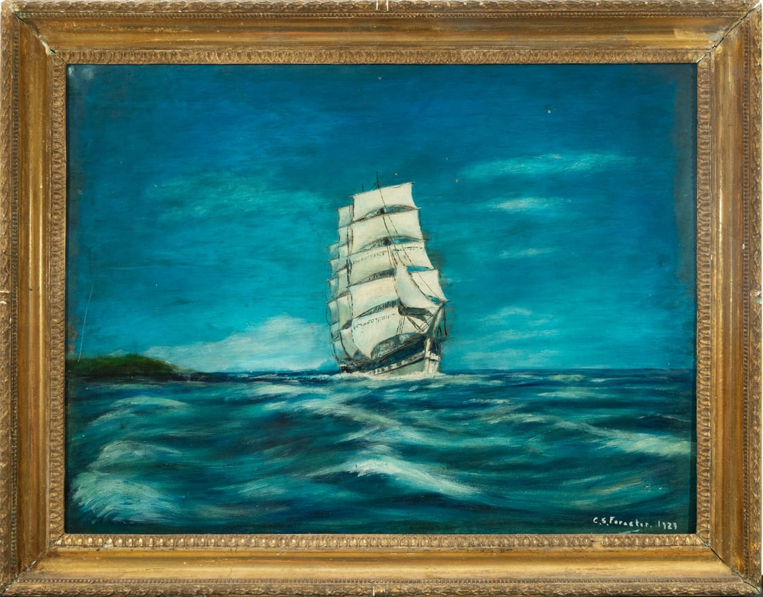 Sailing Ship, Cecil Scott Forester (Cairo, Egypt, 1899 / 1966), 20th century English school: Oil on board. Signed and dated in the lower right corner. CS Forester was an important English writer. Circumstantially born in Cairo, he wrote such well-known works as The African Queen, or the saga 