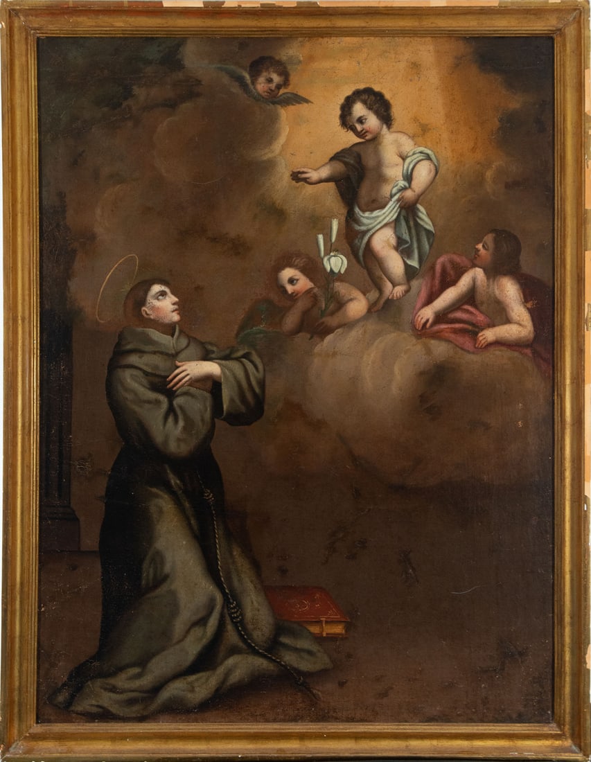 The Child Appearing to Saint Francis, 17th century Italian school: Oil on canvas. Canvas measures: 97 x 72 cm. Framed measurements: 104 x 80 cm