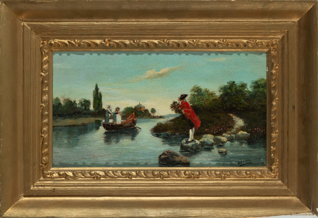 Peasants on a River, oil on panel, signed Lizcano, 19th century Spanish school: Oil on panel, signed. Table measurements: 33 x 19, framed measurements: 44 x 30 cm.