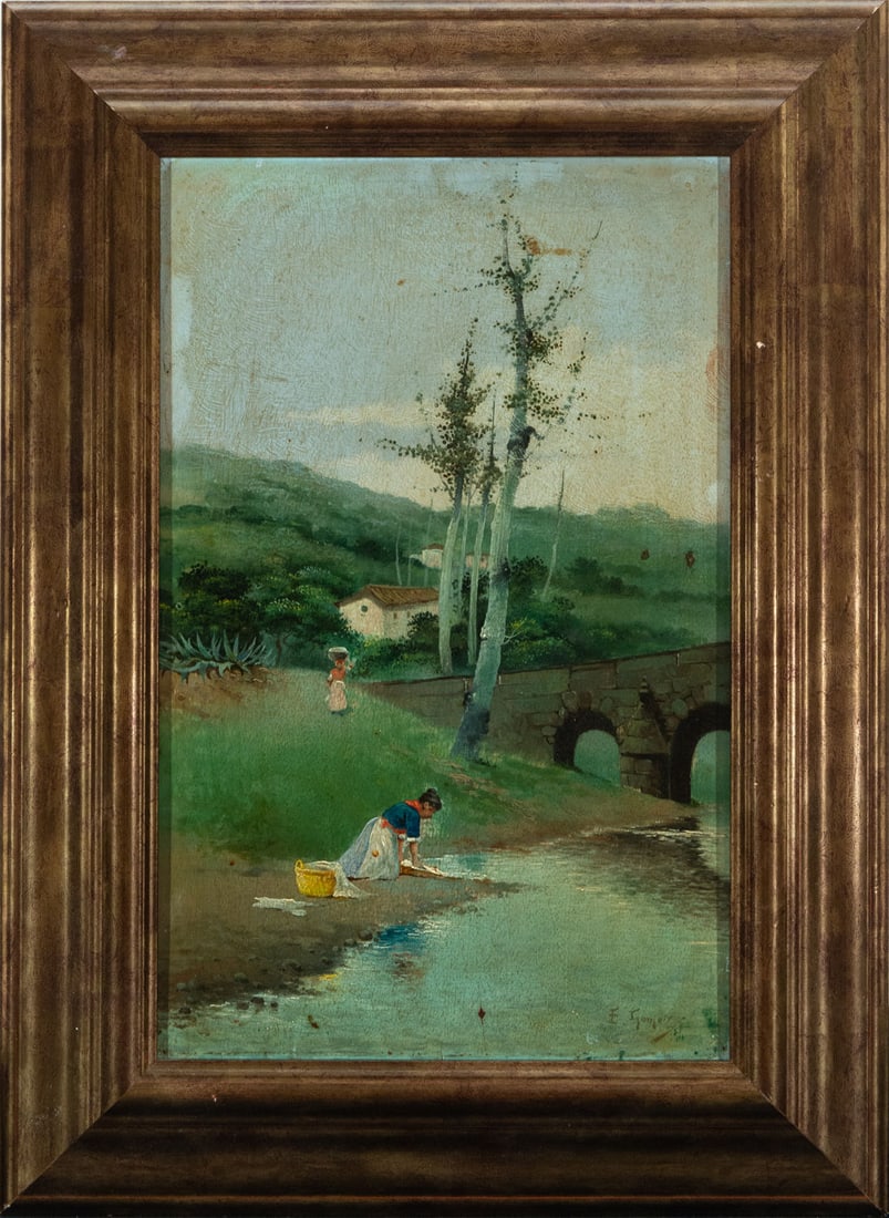 Laundress, oil on panel, signed E. Gómez, 19th century Spanish school (1 of 5)