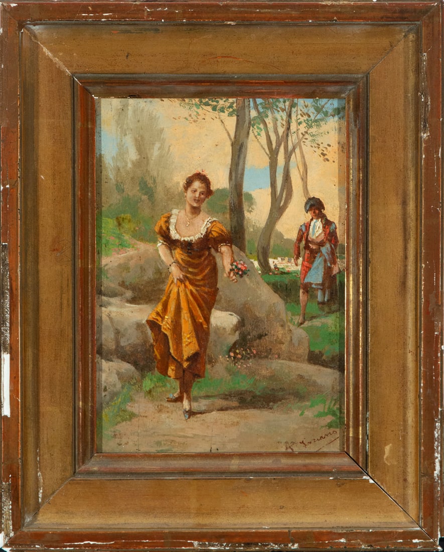 Girl with flowers, oil on panel, signed Lizcano, 19th century Spanish school (1 of 5)