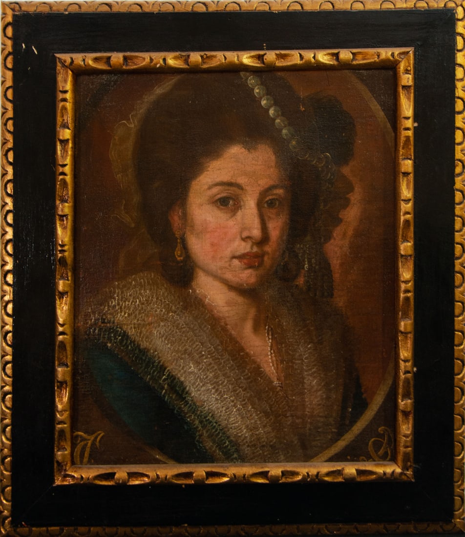 Portrait of Lady with Pearl Headdress, Belgian or French school of the 18th century: Oil on canvas, signed with Anagrams in the corners. Framed measurements: 192 x 161, canvas measurements: 183 x 152 cm