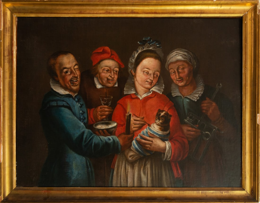 Portrait of a Family with a Cat in an Interior, Italo-Flemish school of the 17th century, follower: Oil on canvas. Framed measurements: 92 x 71 cm, canvas measurements: 83.5 x 61.5 cm