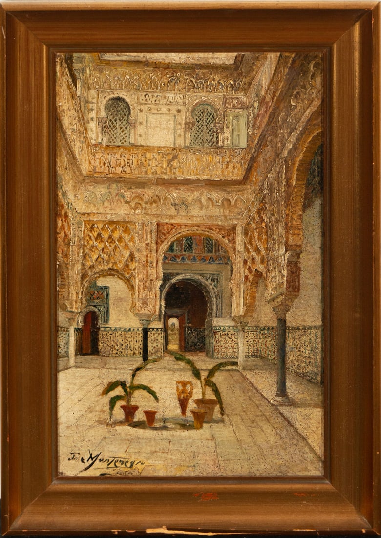 Interior of the Palace in Marraketch, orientalist school of the 19th century, signed José: Oil on canvas, framed measurements: 55 x 37 cm, canvas measurements: 45 x 28 cm