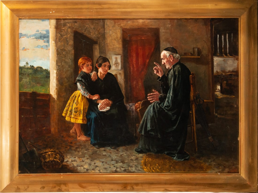Giving the Blessing, 19th century Spanish school: Oil on canvas, signed, framed measurements: 130 x 98 cm, canvas measurements: 112 x 80 cm