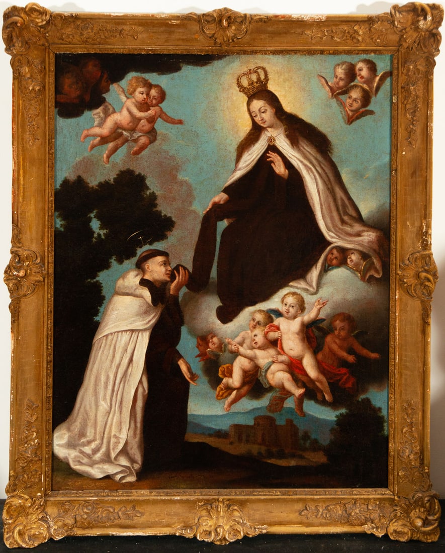 Virgin Mary giving the Habit to Saint Simon, Cusco school of the 18th century: Oil on canvas, framed measurements: 91 x 74 cm, canvas measurements: 76 x 61 cm