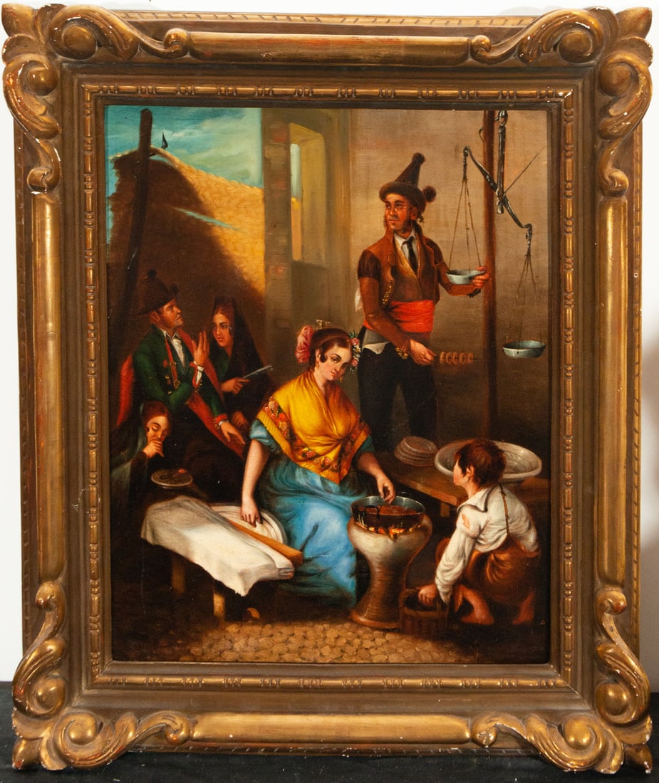 Andalusian family cooking dinner, 19th century Andalusian school, signed Rodríguez Becquer: Oil on canvas, framed measurements: 81 x 69 cm, canvas measurements: 63 x 53 cm