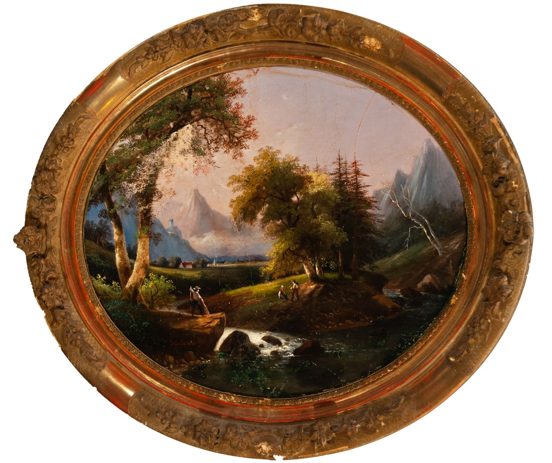 Landscape scene, 19th century Austrian school: Oil on canvas in oval, framed measurements: 70 x 61 cm, canvas measurements: 57 x 47 cm